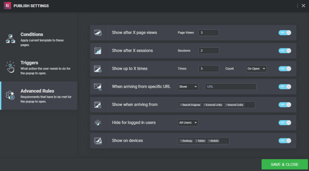 The advanced ruleset for Elementor popup builder