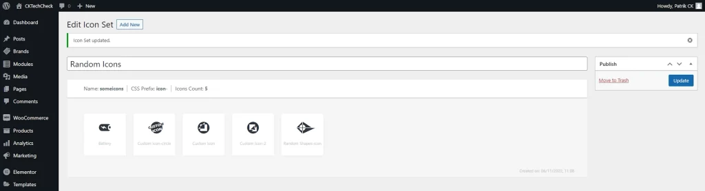 WordPress Elementor Custom Icons screen
