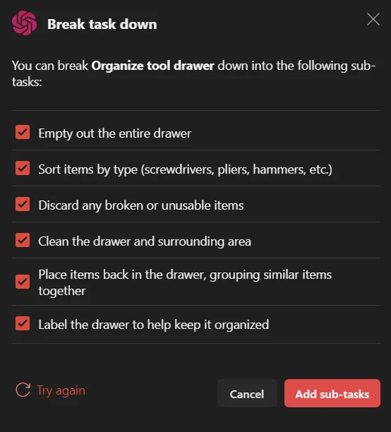 AI-generated list to breakdown task