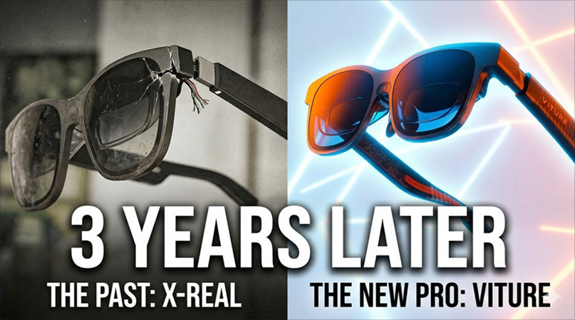 A high-impact split-screen graphic showing broken X-REAL Air glasses on the left and new VITURE Luma Pro XR glasses glowing with orange and blue accents on the right, with text overlay reading "3 YEARS LATER"