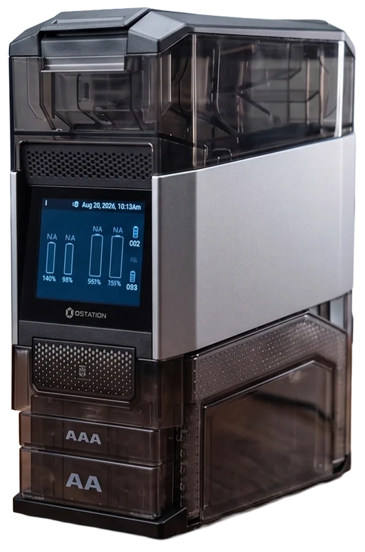 The Ostation 2 Pro charging station seen from the front, with its colour touchscreen and the smoked AA and AAA storage drawers
