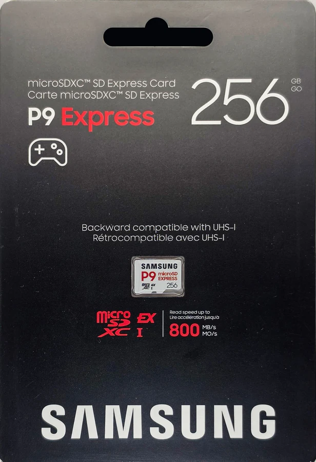 Samsung P9 Express 256GB retail package, front of the blister card showing the microSDXC SD Express branding, the 256 GB capacity and the up to 800 MB/s read claim.