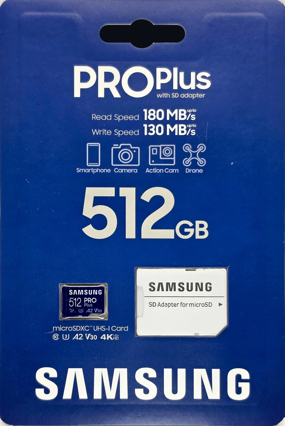 Samsung PRO Plus 512GB microSDXC card in its retail blister packaging, showing the 180 MB/s read and 130 MB/s write claims.