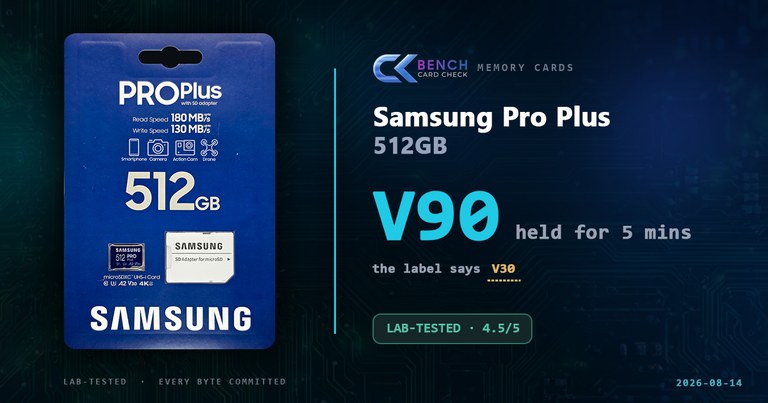 Samsung PRO Plus 512GB microSD review, a card printed V30 that holds V90 and beats its own 130 MB/s write claim