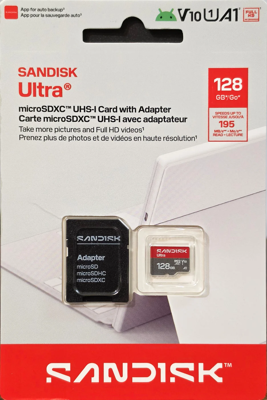 SanDisk Ultra 128GB microSDXC card in its retail package, the June 2026 SDSQUJQ generation rated up to 195 MB/s and marked V10