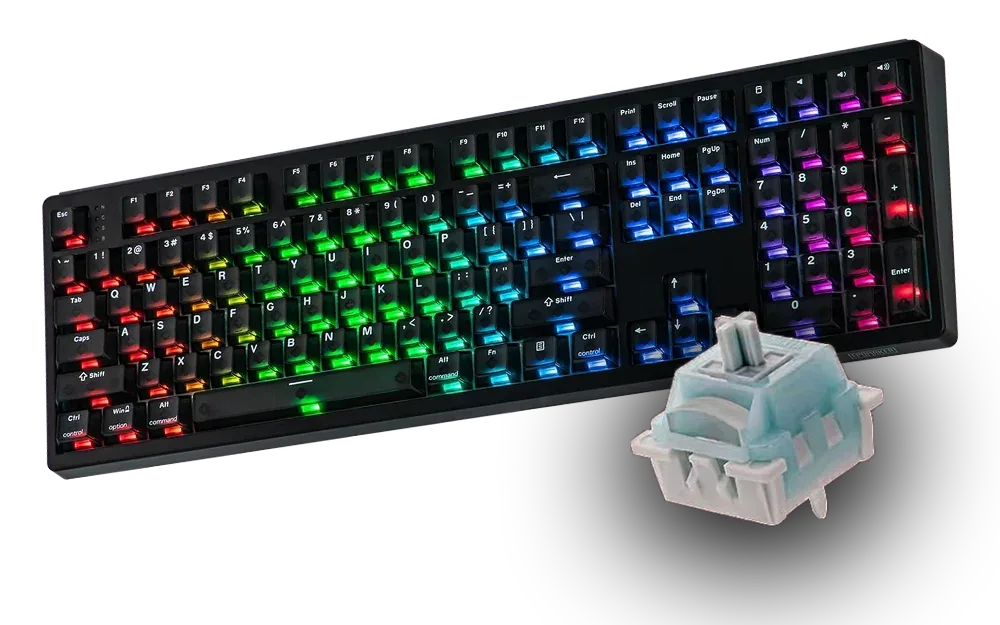 EPOMAKER HE108 keyboard with rainbow backlighting beside a Creamy Jade magnetic switch, product render
