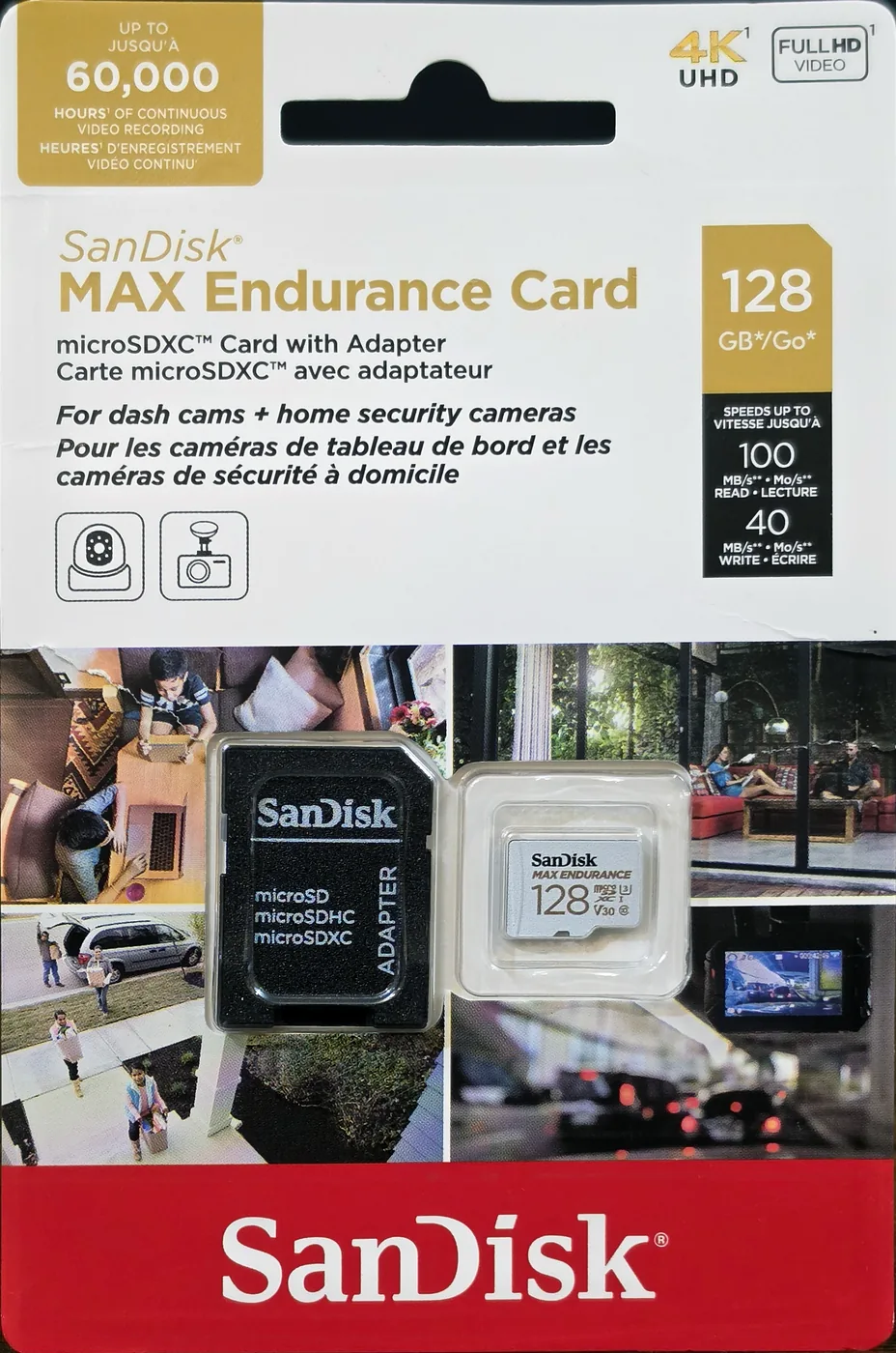 SanDisk MAX Endurance 128GB microSDXC card in its retail package, rated up to 60,000 hours of continuous recording and marked C10, U3 and V30