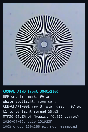 100 percent crop of the Siemens star from the COXPAL A17D under a white spotlight with HDR on, reading MTF50 65.1 percent of Nyquist