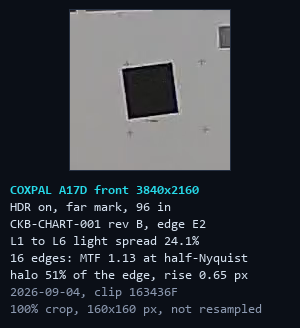 100 percent crop of one tilted black square on the chart from the COXPAL A17D front camera, showing the bright halo along its edges from in-camera sharpening