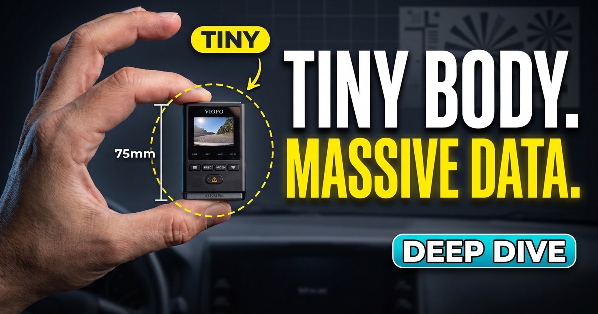 VIOFO A119M Pro review: the mini dash cam held between finger and thumb with a 75mm size marker, beside the words Tiny body. Massive data.